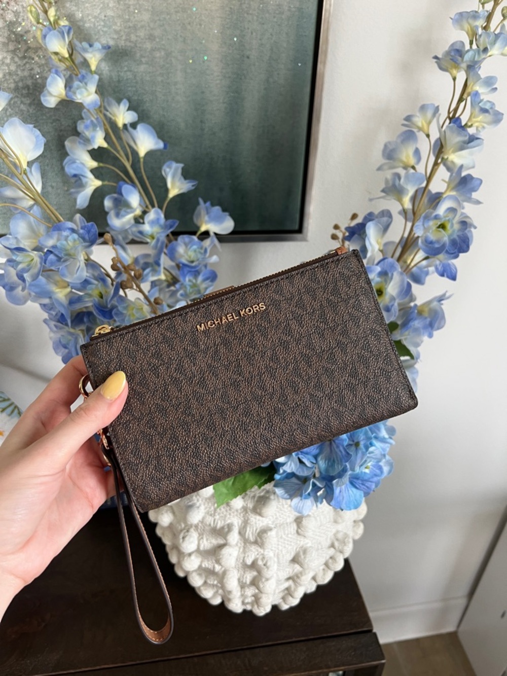 Michael Kors Dark Brown Signature Wristlet with Gold Logo